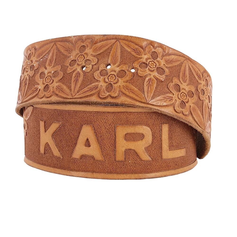 floral tooled wide leather belt personalized with Karl
